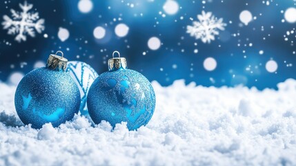 Wall Mural - blue christmas background with snowflakes and christmas balls. copy space backgrounds
