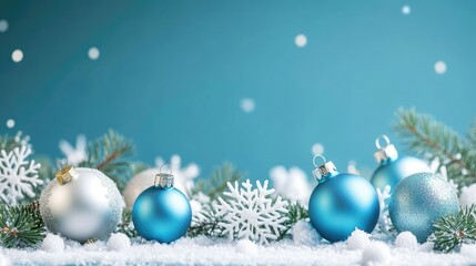 Wall Mural - blue christmas background with snowflakes and christmas balls. copy space backgrounds