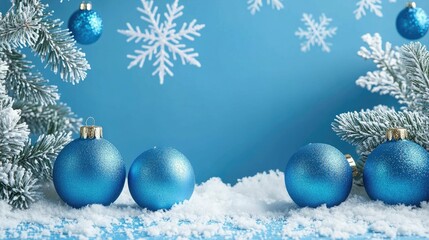 Wall Mural - blue christmas background with snowflakes and christmas balls. copy space backgrounds