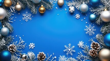 Wall Mural - blue christmas background with snowflakes and christmas balls. copy space backgrounds