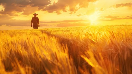 Wall Mural - Silhouette of a Man Walking Through a Golden Wheat Field at Sunset