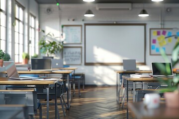 Poster - Modern Classroom Interior with Sunlight Streaming Through Windows