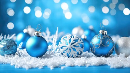 Wall Mural - blue christmas background with snowflakes and christmas balls. copy space backgrounds