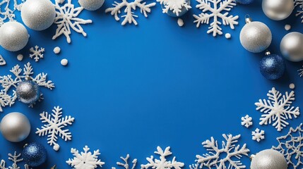 Wall Mural - blue christmas background with snowflakes and christmas balls. copy space backgrounds
