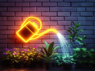 Wall Mural - Neon Watering Can with Potted Plant