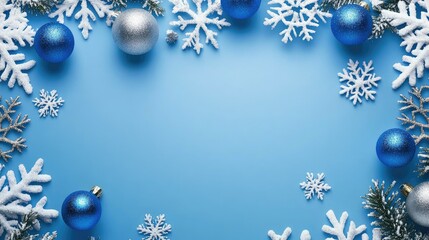 Wall Mural - blue christmas background with snowflakes and christmas balls. copy space backgrounds