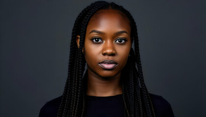 Wall Mural - A young Black woman with long braided hairstyle, looking directly at the camera with a serious expression