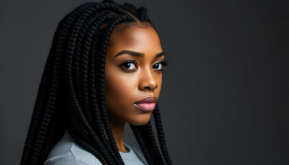 Wall Mural - A young Black woman with long braided hairstyle, looking directly at the camera with a serious expression