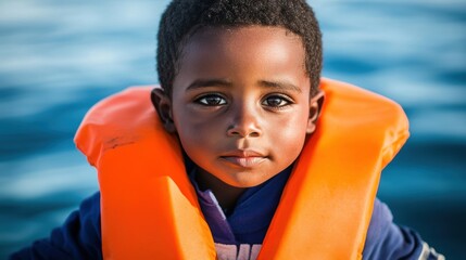 Young boy in orange life jacket water