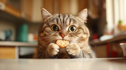 Poster - An adorable image of a pudgy cat nibbling on a treat, with its playful eyes and chunky cheeks clearly visible, set in a bright and cheerful kitchen environment.