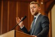 © khalid_spk - A confident man giving a speech or presentation from a podium in a professional setting