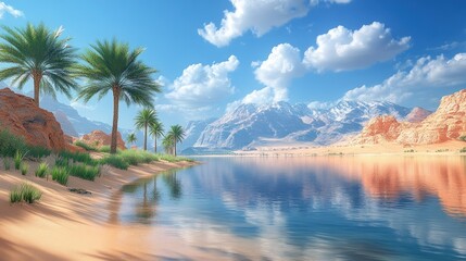 Wall Mural - Serene desert landscape with palm trees and mountains reflecting in water.