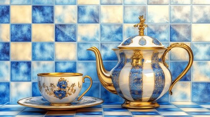 Colorful digital wall tiles design for kitchen, design set of elegant and traditional teapot colorful white blue gold coffee Tea cup on cup's plate beside the hot tea pot.
