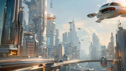 Poster - a digital video of a futuristic city with towering skyscrapers and flying vehicles, a futuristic cit