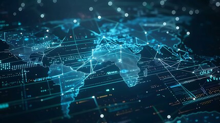 Poster - A blue glowing world map with bright lines connecting various points, representing global data transfer, against a dark cyber technology background with abstract digital elements