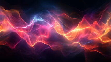 Poster - An artistic representation of electric waves intertwining, creating a mesmerizing pattern of light and color on a dark, smooth surface.