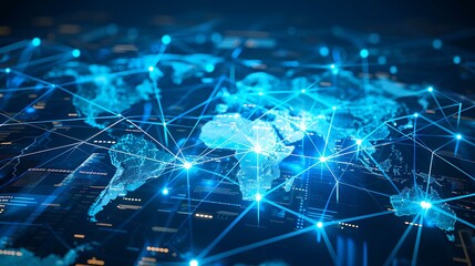 Aufkleber - A digital world map illuminated in blue with interconnected lines symbolizing data transfer and global communication, surrounded by a high-tech cyber backdrop with abstract elements