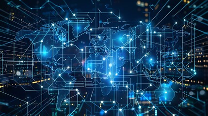 Poster - A digital world map illuminated in blue with interconnected lines symbolizing data transfer and global communication, surrounded by a high-tech cyber backdrop with abstract elements