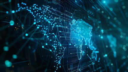 Poster - A futuristic digital network with a blue-toned world map at the center, showcasing global connectivity through bright, glowing lines and dots, set on a sleek cyber background