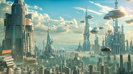 Poster - a vibrant futuristic city with towering skyscrapers and flying vehicles soaring through the sky, a f