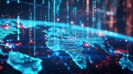 Poster - A global network visualization featuring a glowing blue world map with dynamic data transfer lines and abstract digital patterns in the background, highlighting worldwide digital connections