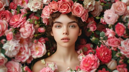 Wall Mural - A woman is surrounded by pink flowers and is wearing a pink flower crown