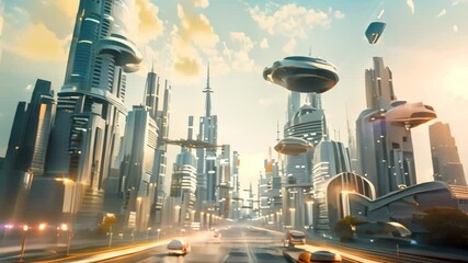 Poster - a digital video of a futuristic cityscape with flying cars and towering skyscrapers, a futuristic ci
