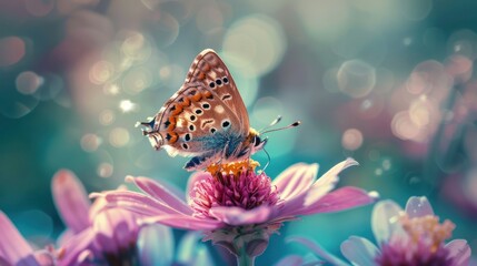 Sticker - Butterfly on a Pink Flower with Bokeh Background