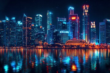 Canvas Print - Illuminated Skyscrapers Reflected in Rippling Water at Night