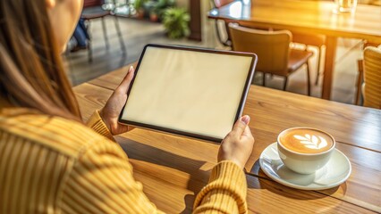 Sticker -  mockup image of a woman holding digital tablet