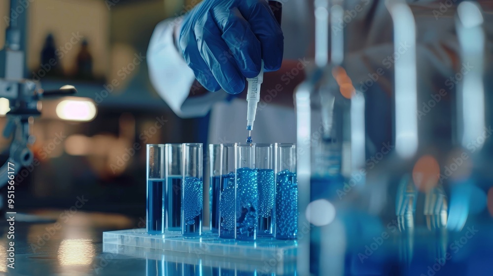 Scientist uses pipette to transfer blue liquid into test tubes in a ...