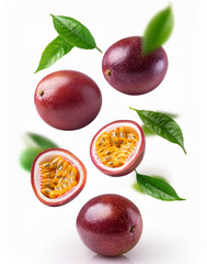 Wall Mural - High quality resolution passion fruits isolated. Fresh and delicious Passion fruits isolated on white background - Refreshing passion fruits Slices Falling to down, dropping. 