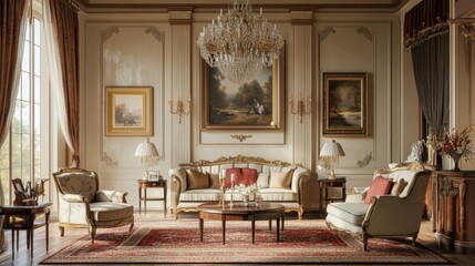 Poster - An elegant living room with a chandelier, classic furniture, and rich fabrics, providing a timeless and luxurious setting.