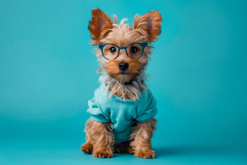 Canvas Print - A small dog wearing glasses sitting on a blue background