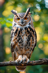 Poster - An owl sitting on a branch with bright green leaves in the background