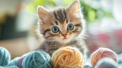 Poster - An endearing photo of a kitten playing with a ball of yarn, with its playful antics and wide-eyed curiosity captured in a bright, cheerful setting