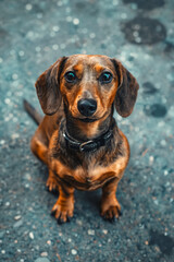 Poster - A brown dog sitting on the ground looking up at the camera