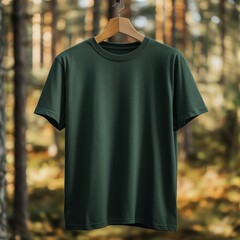 Wall Mural - Hanging dark green tshirts mockup. Plain unisex shirt with forest trees background. Normal t-shirt on hanger mock up. Gender neutral, no model basic tee mock. Casual t-shirt, outdoors nature backdrop