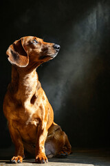 Poster - A dachshund dog sitting in the dark