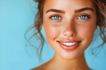 Wall Mural - A beautiful young woman with blue eyes smiling at the camera