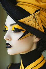 Wall Mural - A woman wearing a black and yellow hat with a yellow and black design on her face