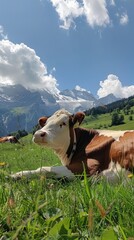 Poster - A cow is laying in a field of grass
