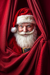 Poster - A man in a santa claus costume peeking out from behind a red curtain