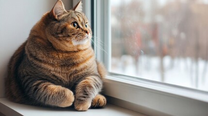 Poster - An overweight cat sitting on a windowsill, gazing outside with a curious expression, its round body and fluffy tail creating a charming scene.