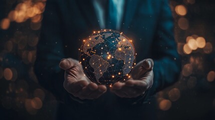 Aufkleber - Businessman holding global network connection on social networking and customer data analytics, Business strategy and smart intelligence, digital marketing, Technology and global business.