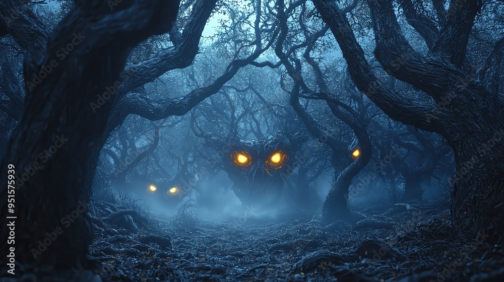 A haunting forest scene with eerie trees and glowing eyes peering ...