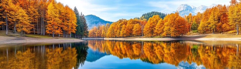 Calm lake with autumn reflections, golden foliage mirrored on still water, tranquil autumn scenery