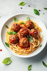 Canvas Print - White plate with spaghetti and meatballs