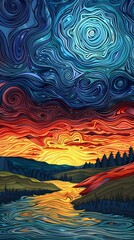 Wall Mural - a spectacular sunset with amazing colors illustration poster background