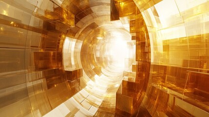 Poster - Abstract golden tunnel design with bright light at the end creating depth